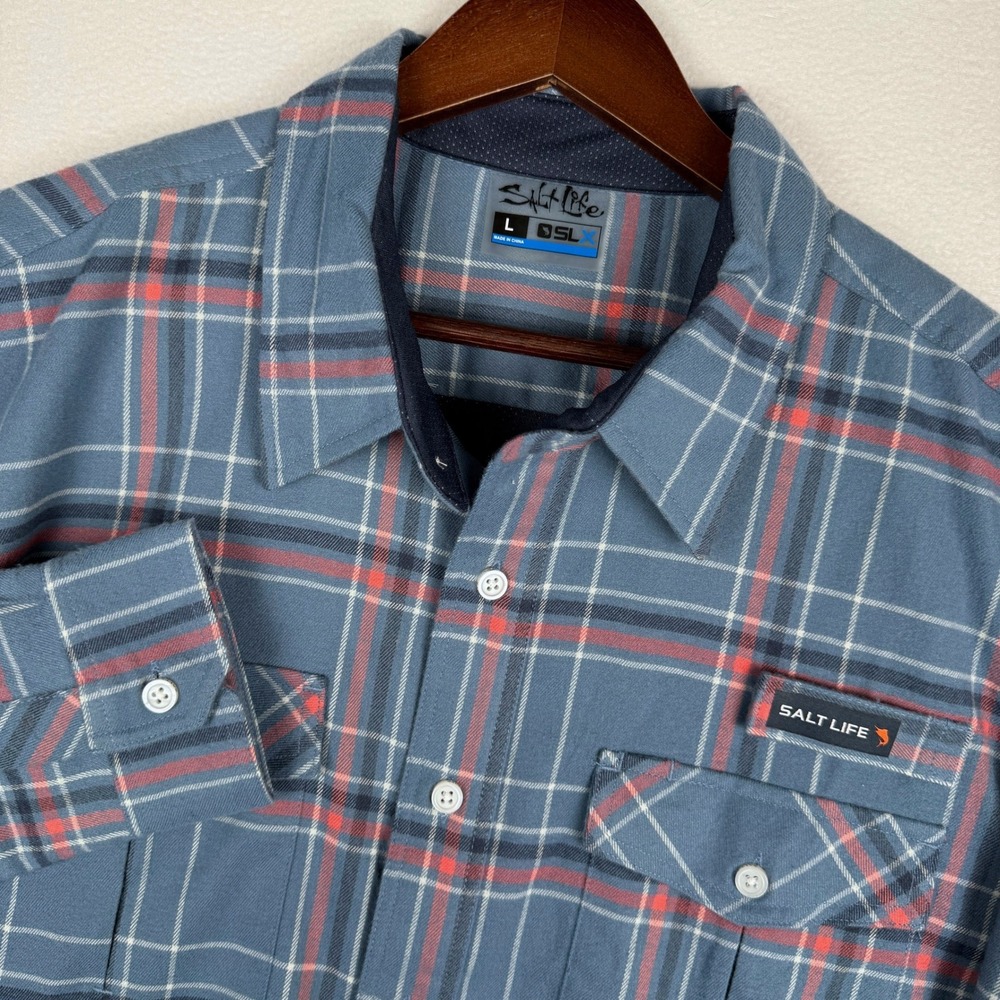 Salt Life Stearn Flannel Shirt Mens L Plaid SLX Fishing Vented Performance
